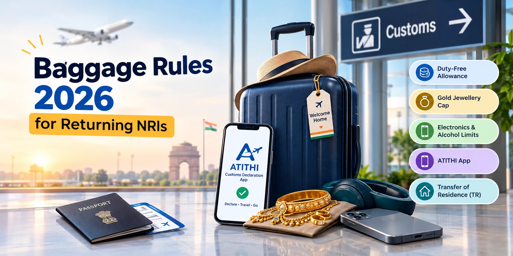 Baggage Rules 2026 for Returning NRIs: New Duty-Free Limits, Gold Jewellery Cap, and Mobile Customs Declaration App